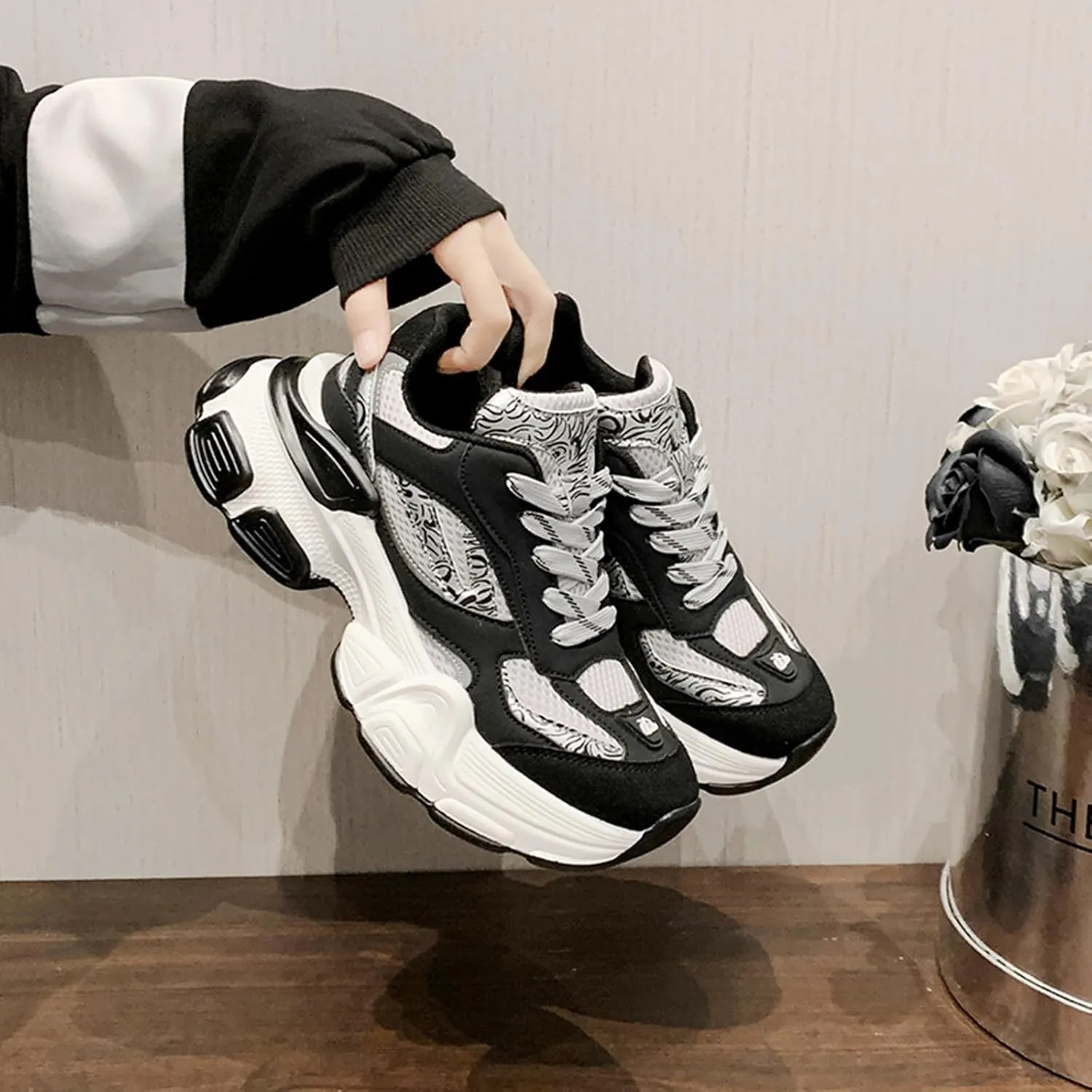Women's Fashion Platform Sneakers - Lace-up Mesh Trainers with Design, Chunky Sole/Breathable Material for Casual Style in Autumn - Black - Perfect for Women/Couple,Black-39