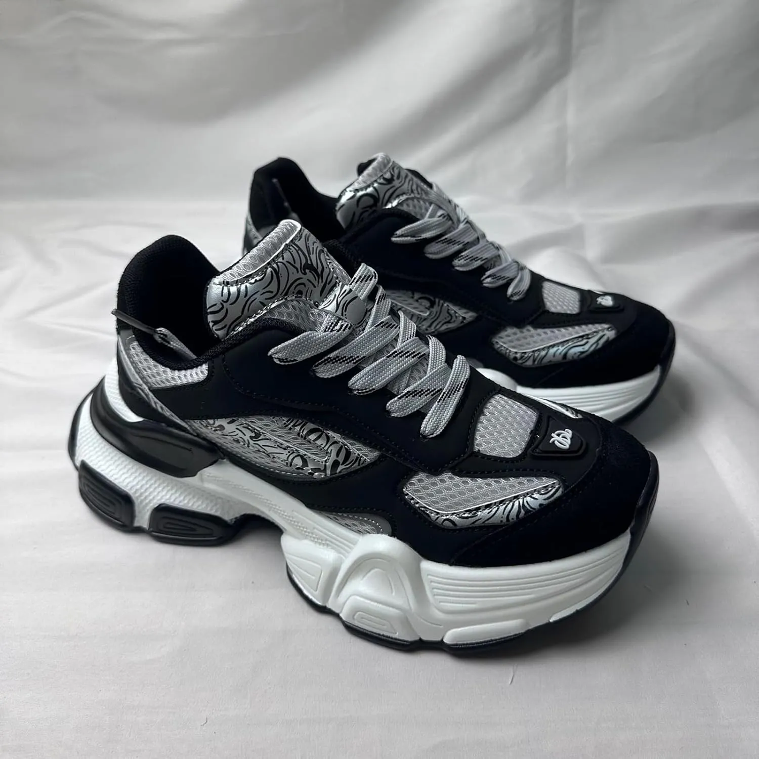Women's Fashion Platform Sneakers - Lace-up Mesh Trainers with Design, Chunky Sole/Breathable Material for Casual Style in Autumn - Black - Perfect for Women/Couple,Black-39