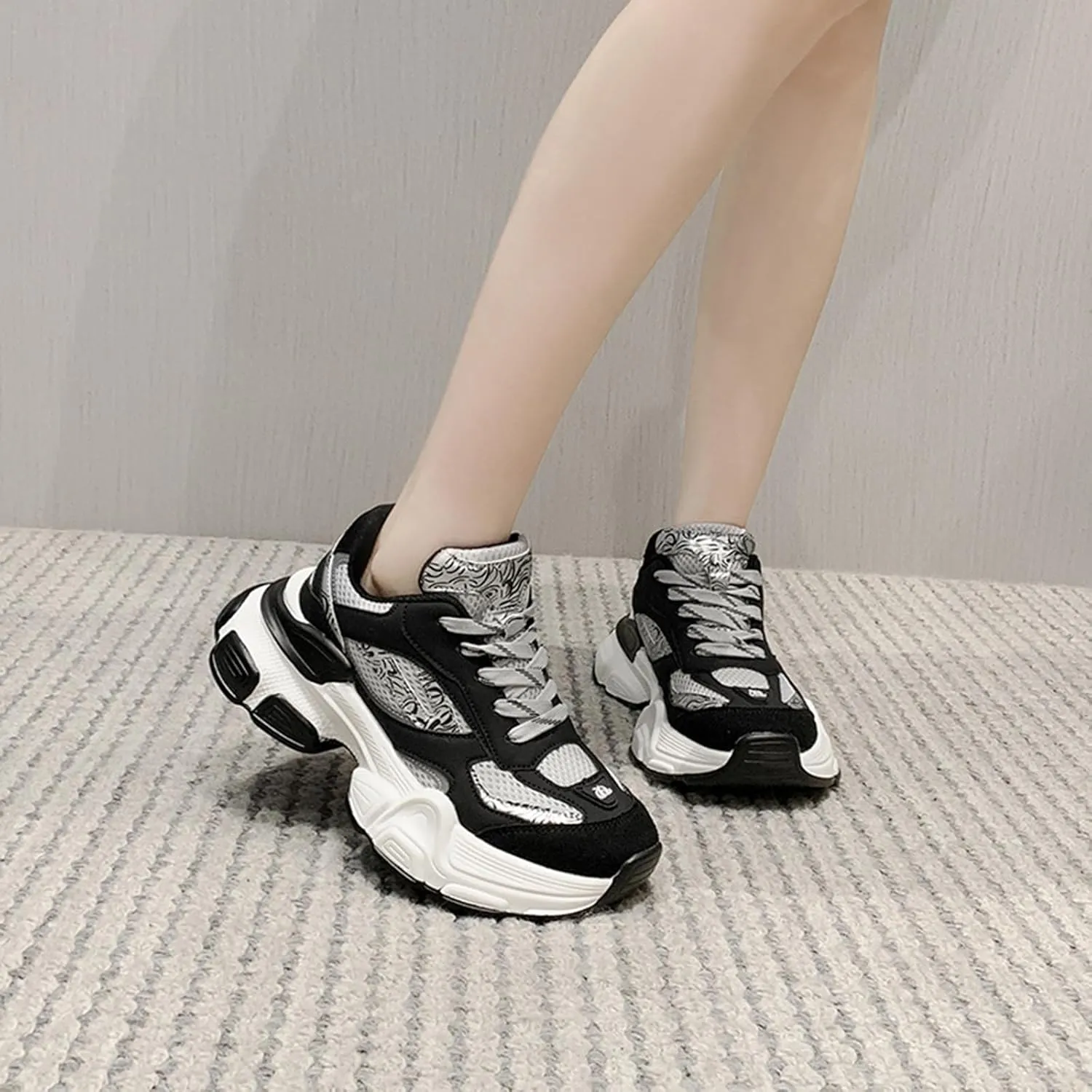 Women's Fashion Platform Sneakers - Lace-up Mesh Trainers with Design, Chunky Sole/Breathable Material for Casual Style in Autumn - Black - Perfect for Women/Couple,Black-39