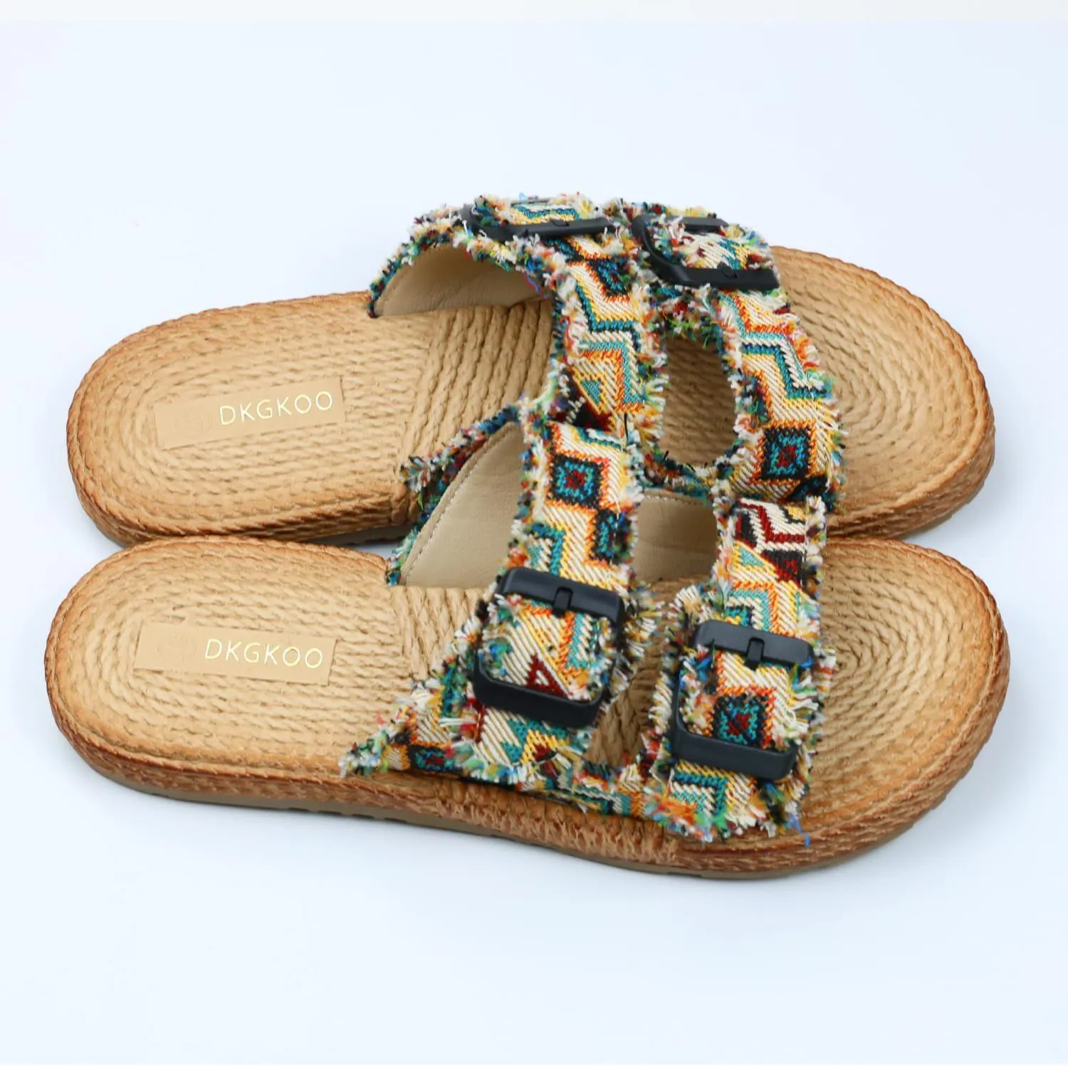 Womens Flat Slide Sandals with 2 Strap Adjustable Buckle Slip on Slides Shoes Non Slip Rubber Sole