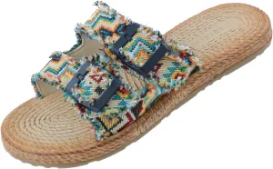 Womens Flat Slide Sandals with 2 Strap Adjustable Buckle Slip on Slides Shoes Non Slip Rubber Sole