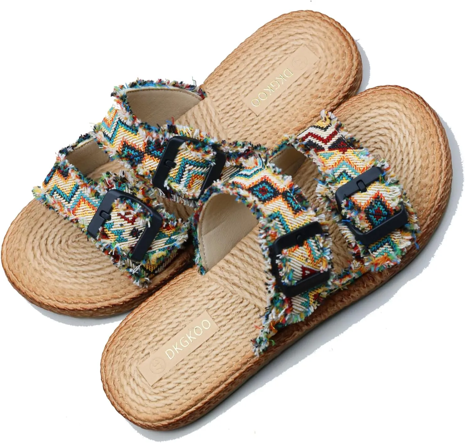 Womens Flat Slide Sandals with 2 Strap Adjustable Buckle Slip on Slides Shoes Non Slip Rubber Sole