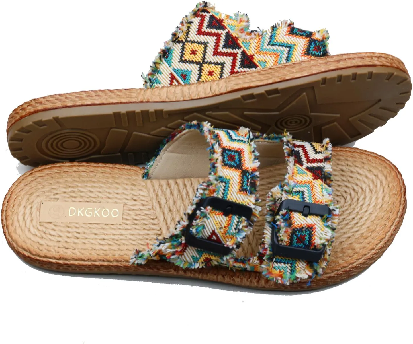 Womens Flat Slide Sandals with 2 Strap Adjustable Buckle Slip on Slides Shoes Non Slip Rubber Sole