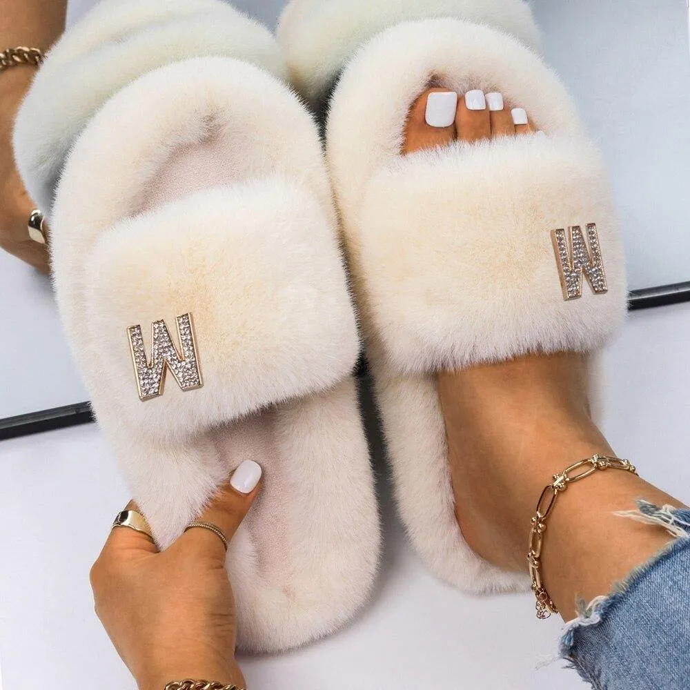 Women's Fluffy Faux Fur Slipers W/ Rhinestone Letter M