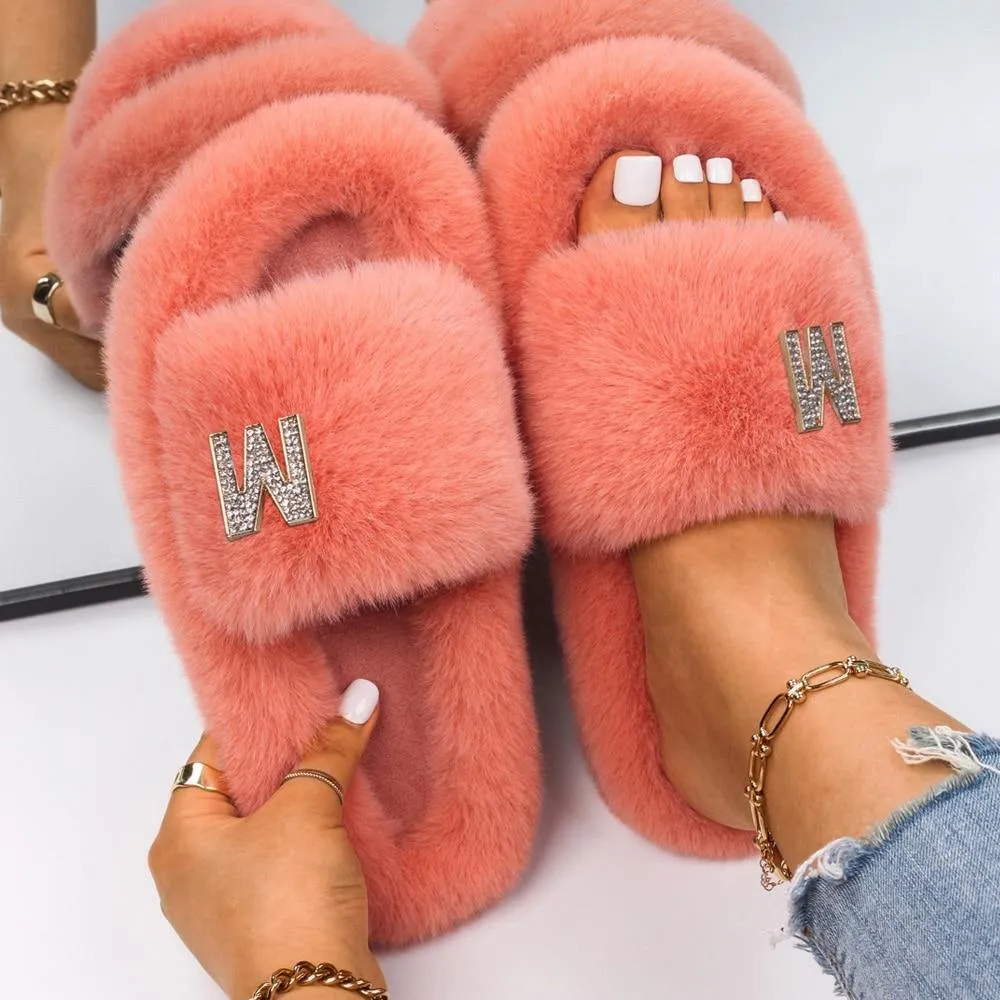 Women's Fluffy Faux Fur Slipers W/ Rhinestone Letter M
