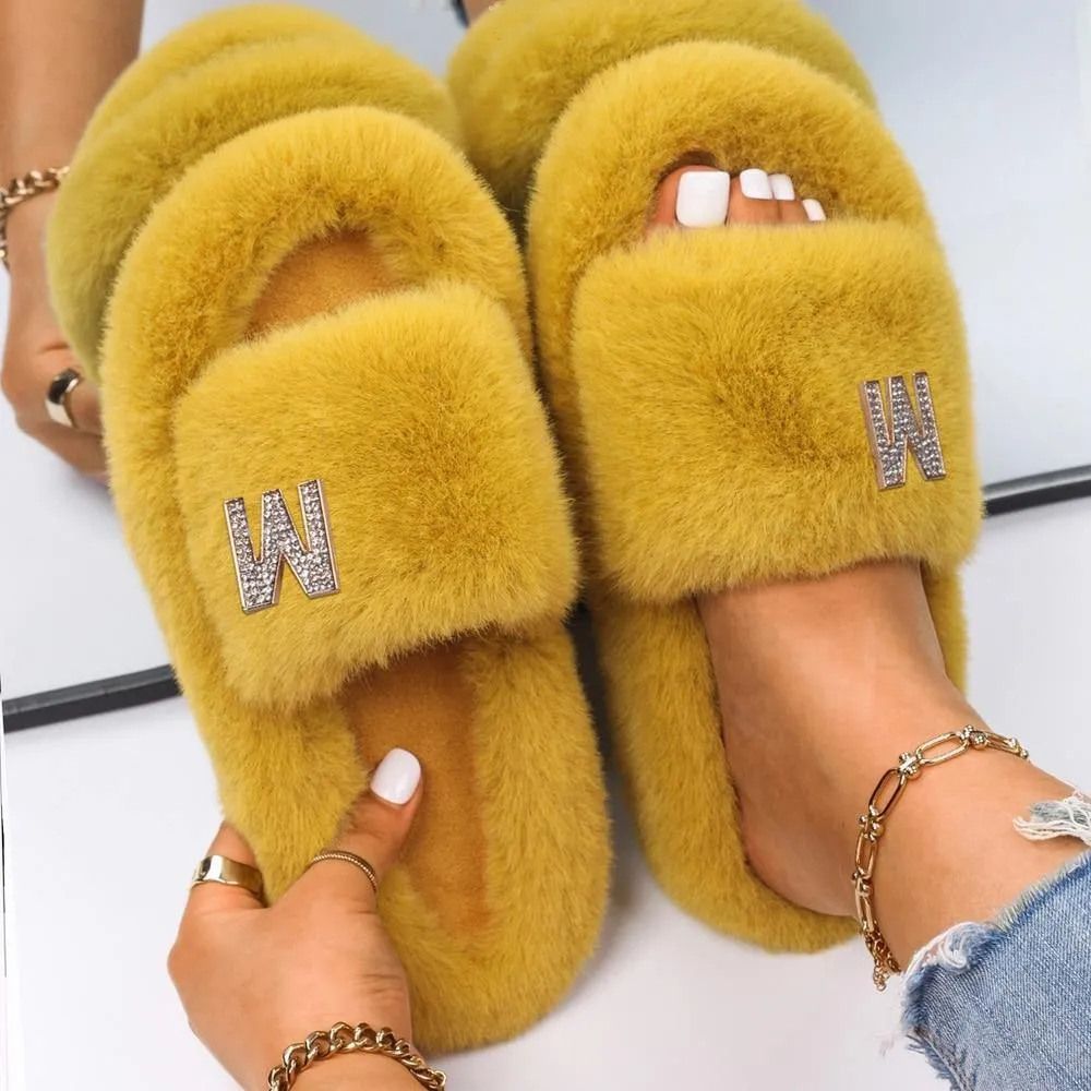 Women's Fluffy Faux Fur Slipers W/ Rhinestone Letter M