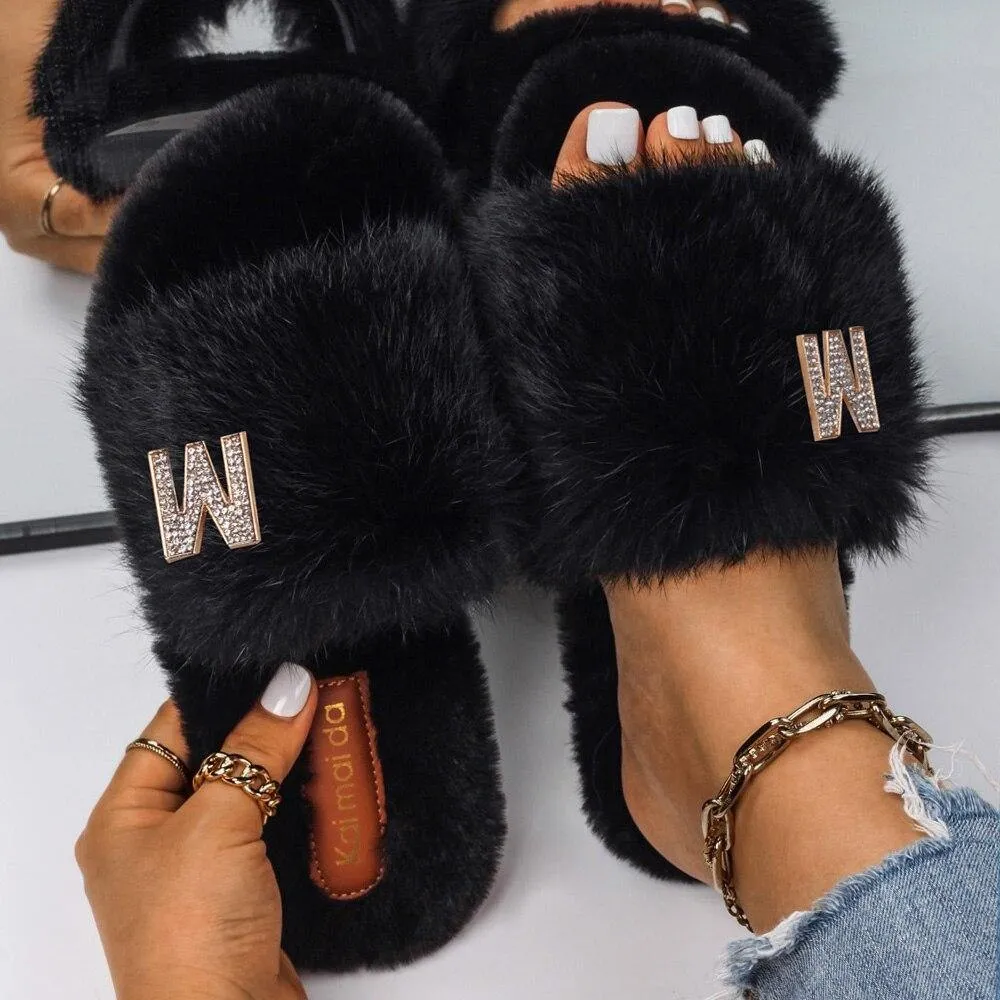Women's Fluffy Faux Fur Slipers W/ Rhinestone Letter M