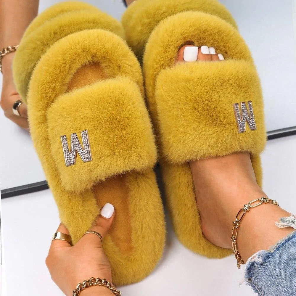 Women's Fluffy Faux Fur Slipers W/ Rhinestone Letter M
