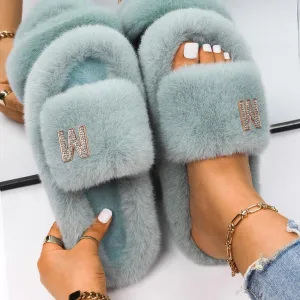Women's Fluffy Faux Fur Slipers W/ Rhinestone Letter M
