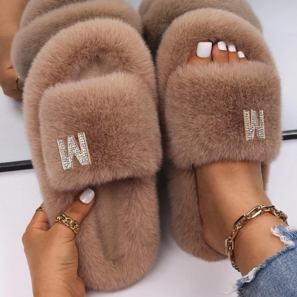 Women's Fluffy Faux Fur Slipers W/ Rhinestone Letter M