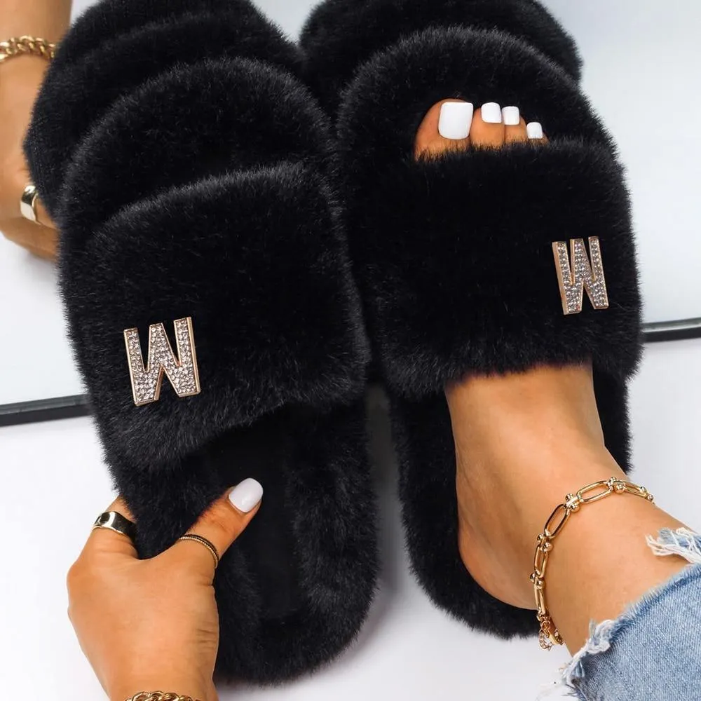 Women's Fluffy Faux Fur Slipers W/ Rhinestone Letter M