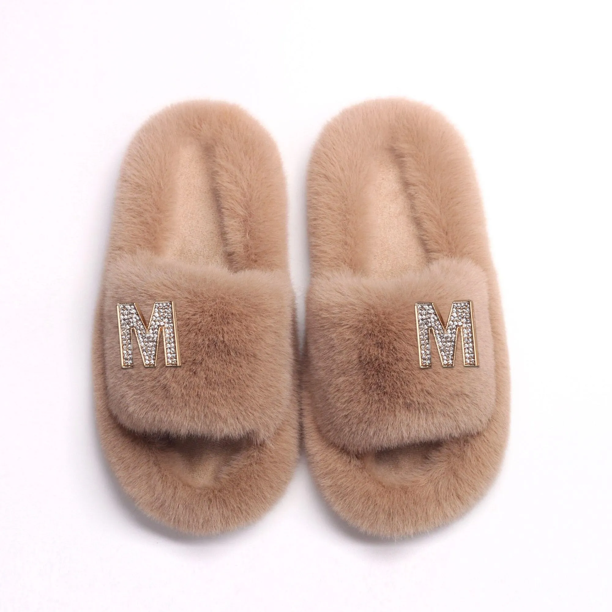 Women's Fluffy Faux Fur Slipers W/ Rhinestone Letter M