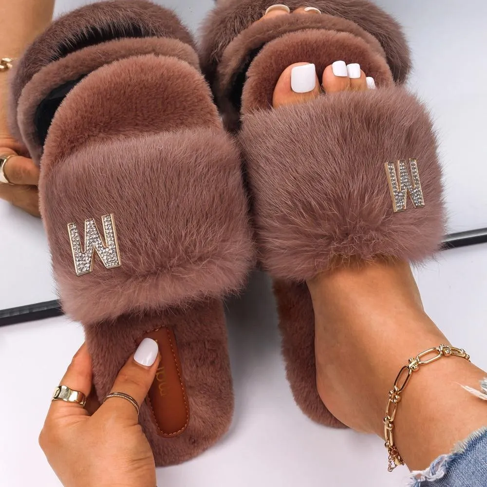 Women's Fluffy Faux Fur Slipers W/ Rhinestone Letter M