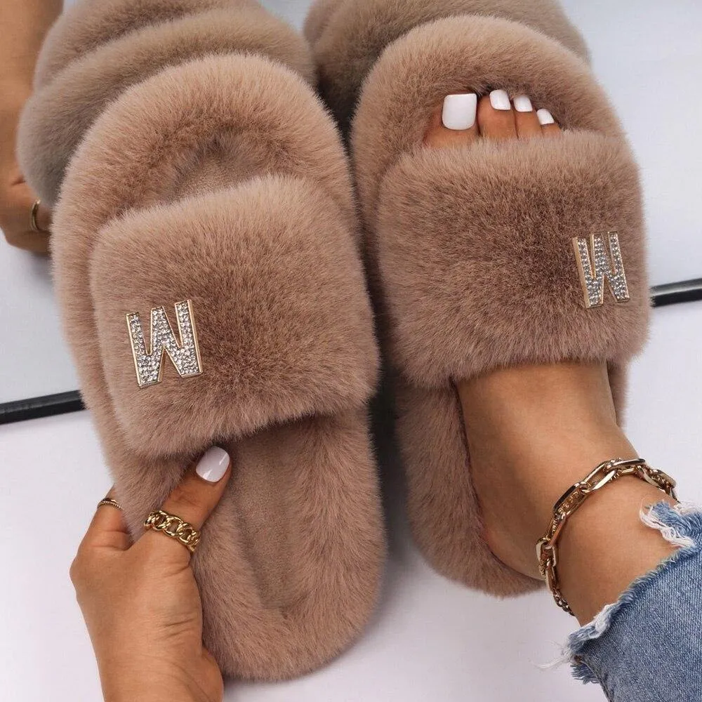 Women's Fluffy Faux Fur Slipers W/ Rhinestone Letter M