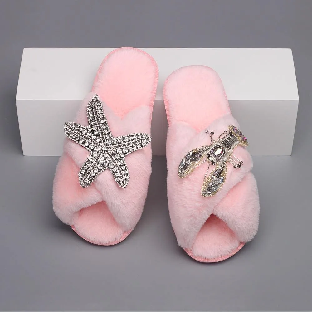 Women's Furry Slippers W/ Starfish Lobster Detail