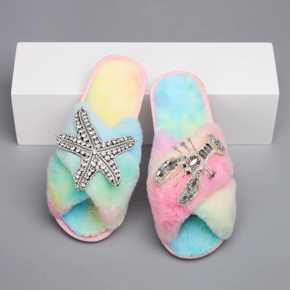 Women's Furry Slippers W/ Starfish Lobster Detail