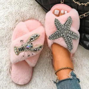 Women's Furry Slippers W/ Starfish Lobster Detail