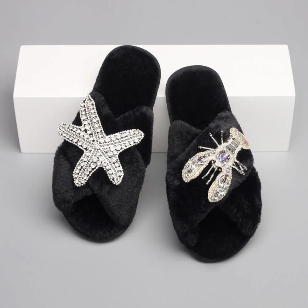 Women's Furry Slippers W/ Starfish Lobster Detail