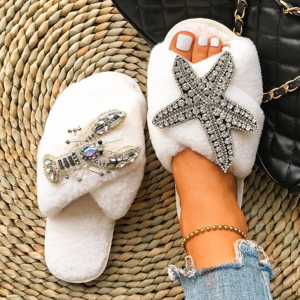 Women's Furry Slippers W/ Starfish Lobster Detail