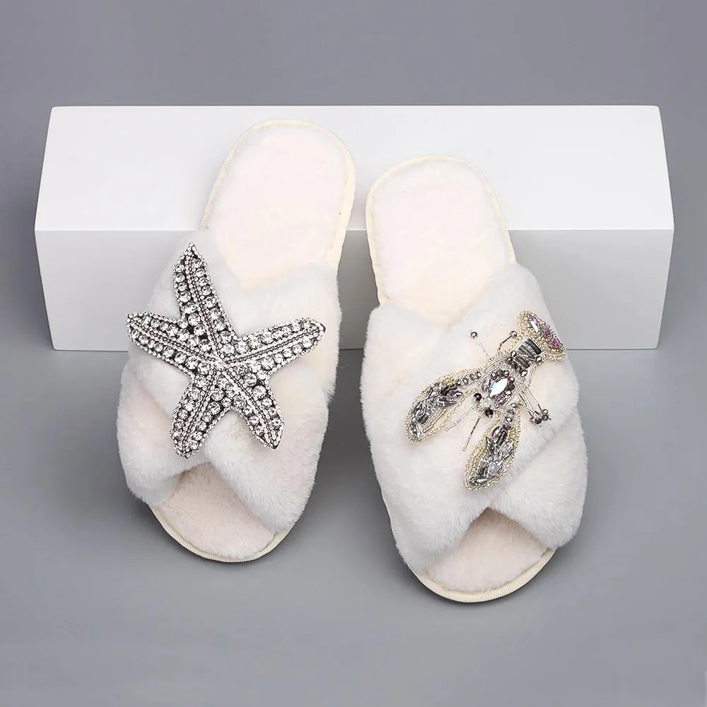 Women's Furry Slippers W/ Starfish Lobster Detail
