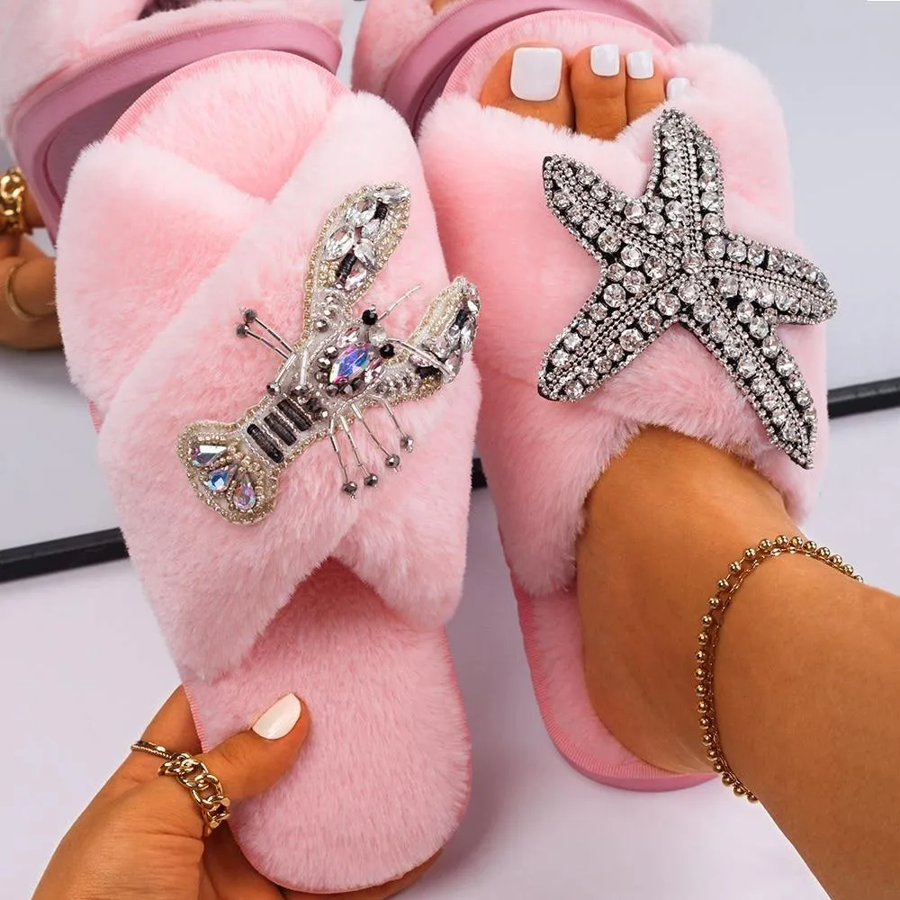 Women's Furry Slippers W/ Starfish Lobster Detail
