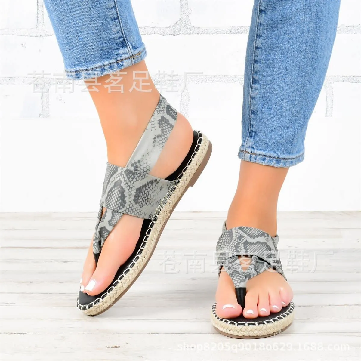 Women's Hemp Rope Woven Snake Print Herringbone Sandals