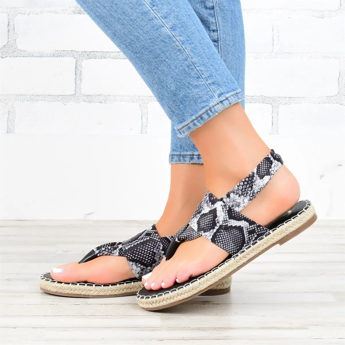 Women's Hemp Rope Woven Snake Print Herringbone Sandals