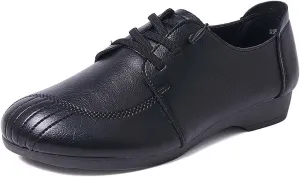 Women's Leather Casual Moccasins Oxfords, Lace Up Round Toe Comfort Driving Shoes Single Shoes Loafers Casual Shoes (Black,6)