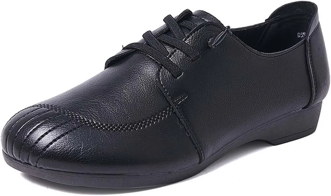 Women's Leather Casual Moccasins Oxfords, Lace Up Round Toe Comfort Driving Shoes Single Shoes Loafers Casual Shoes (Black,7.5)