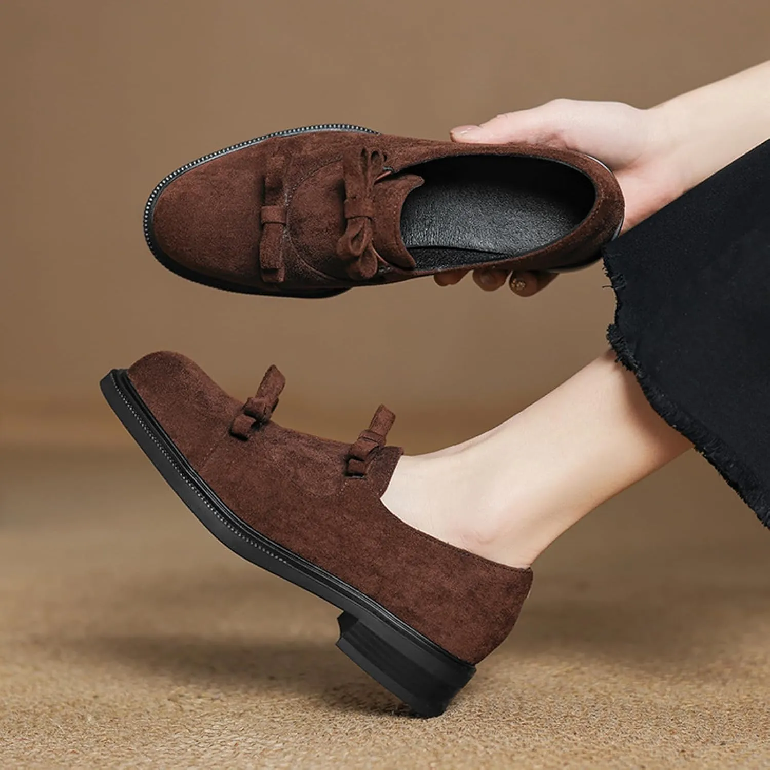 Women's Patent Leather Chunky Heel Loafers Retro Round Toe Suede Cute Double Bow Slip-On Non-Slip Evening Party Formal Shoes