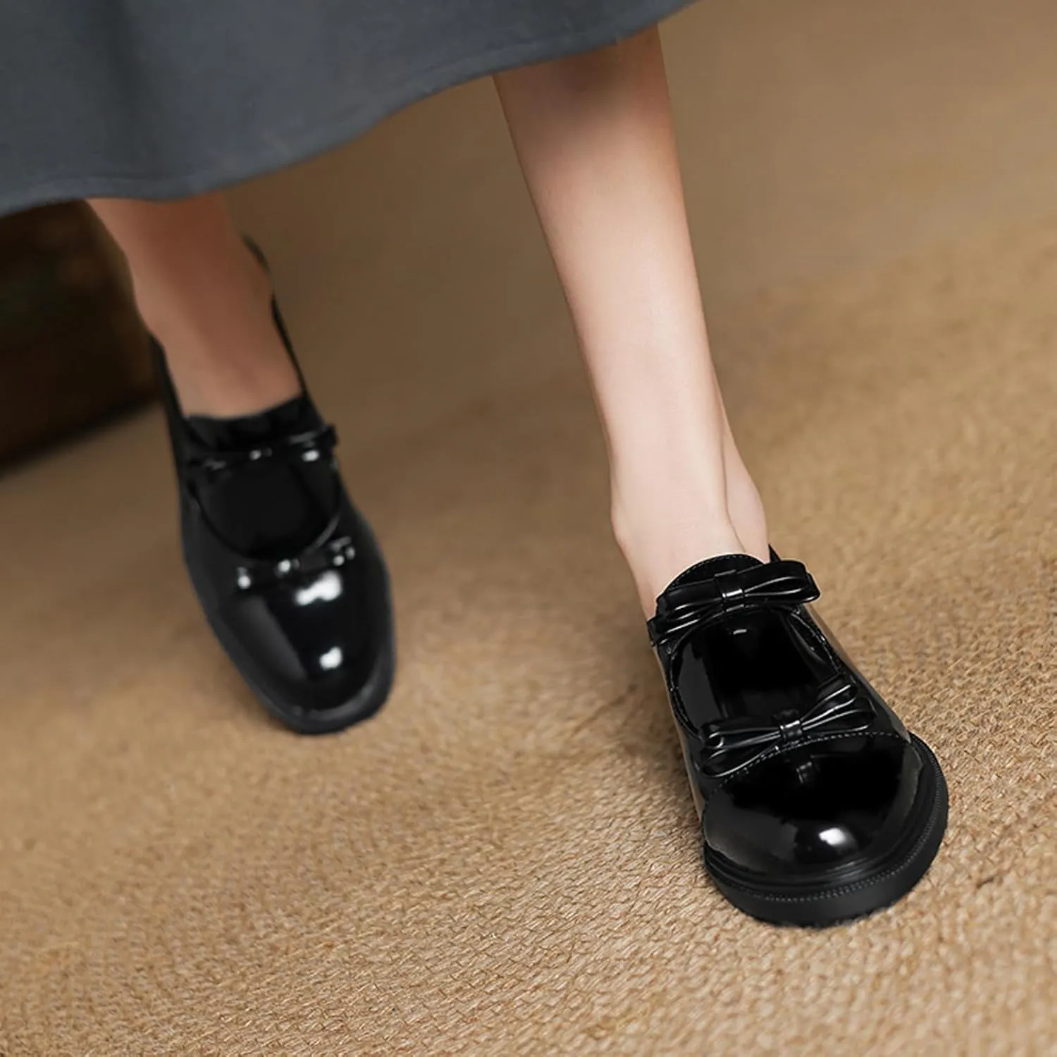 Women's Patent Leather Chunky Heel Loafers Retro Round Toe Suede Cute Double Bow Slip-On Non-Slip Evening Party Formal Shoes