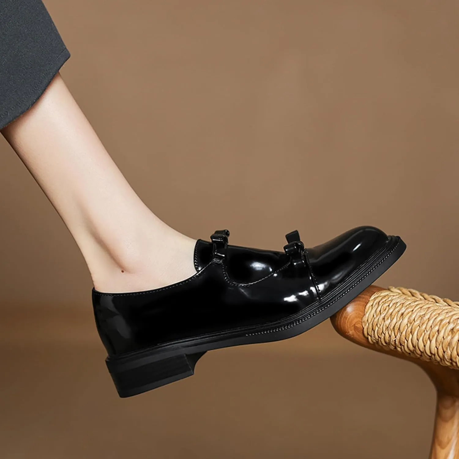 Women's Patent Leather Chunky Heel Loafers Retro Round Toe Suede Cute Double Bow Slip-On Non-Slip Evening Party Formal Shoes