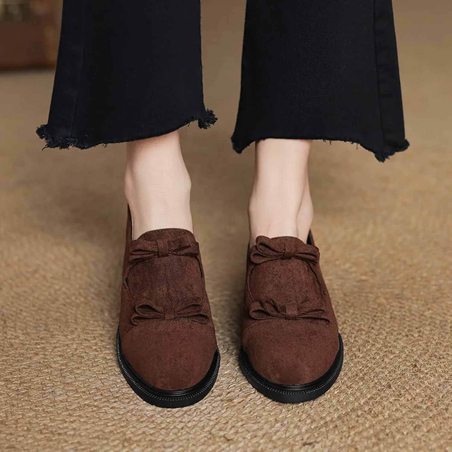 Women's Patent Leather Chunky Heel Loafers Retro Round Toe Suede Cute Double Bow Slip-On Non-Slip Evening Party Formal Shoes