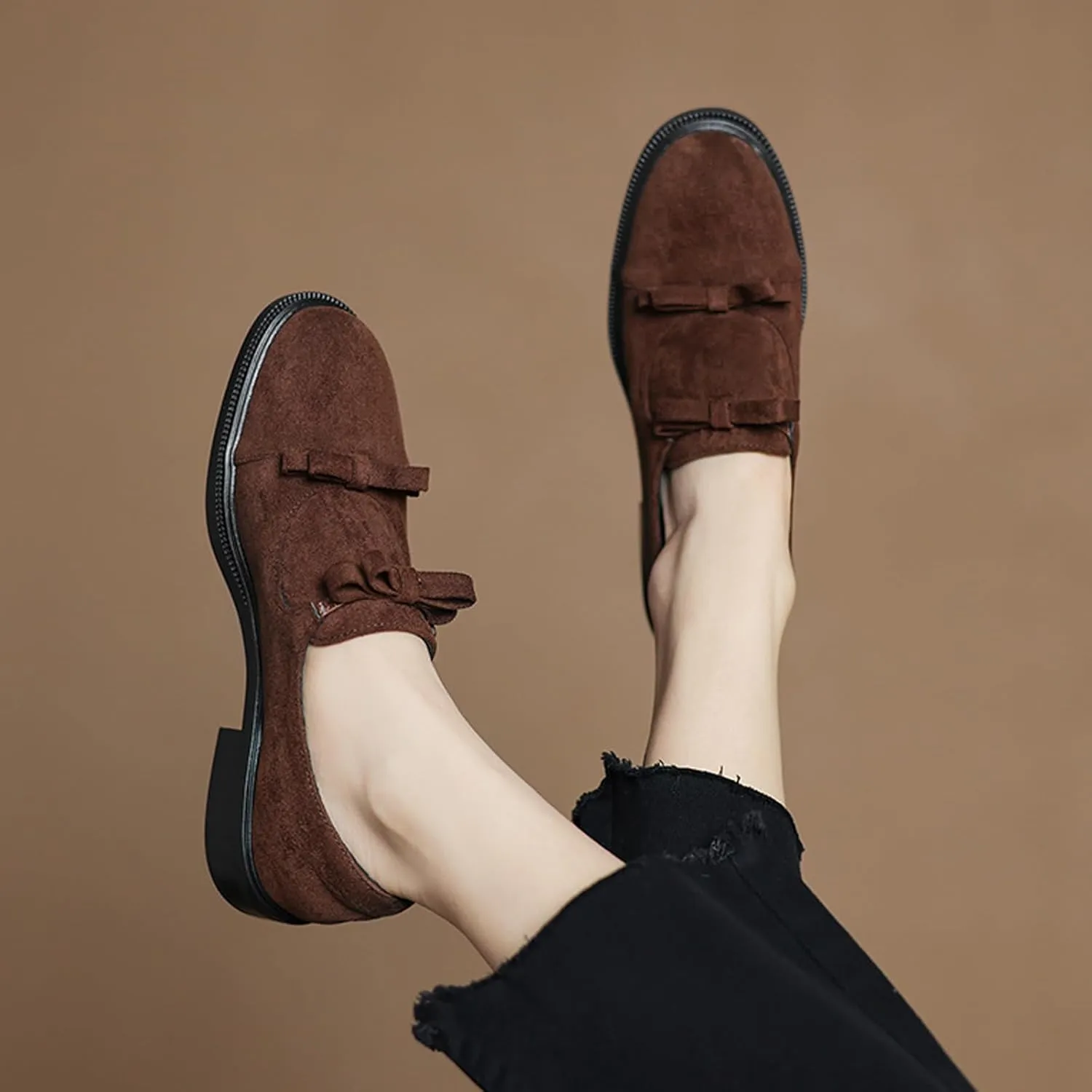Women's Patent Leather Chunky Heel Loafers Retro Round Toe Suede Cute Double Bow Slip-On Non-Slip Evening Party Formal Shoes