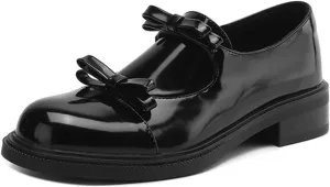 Women's Patent Leather Chunky Heel Loafers Retro Round Toe Suede Cute Double Bow Slip-On Non-Slip Evening Party Formal Shoes