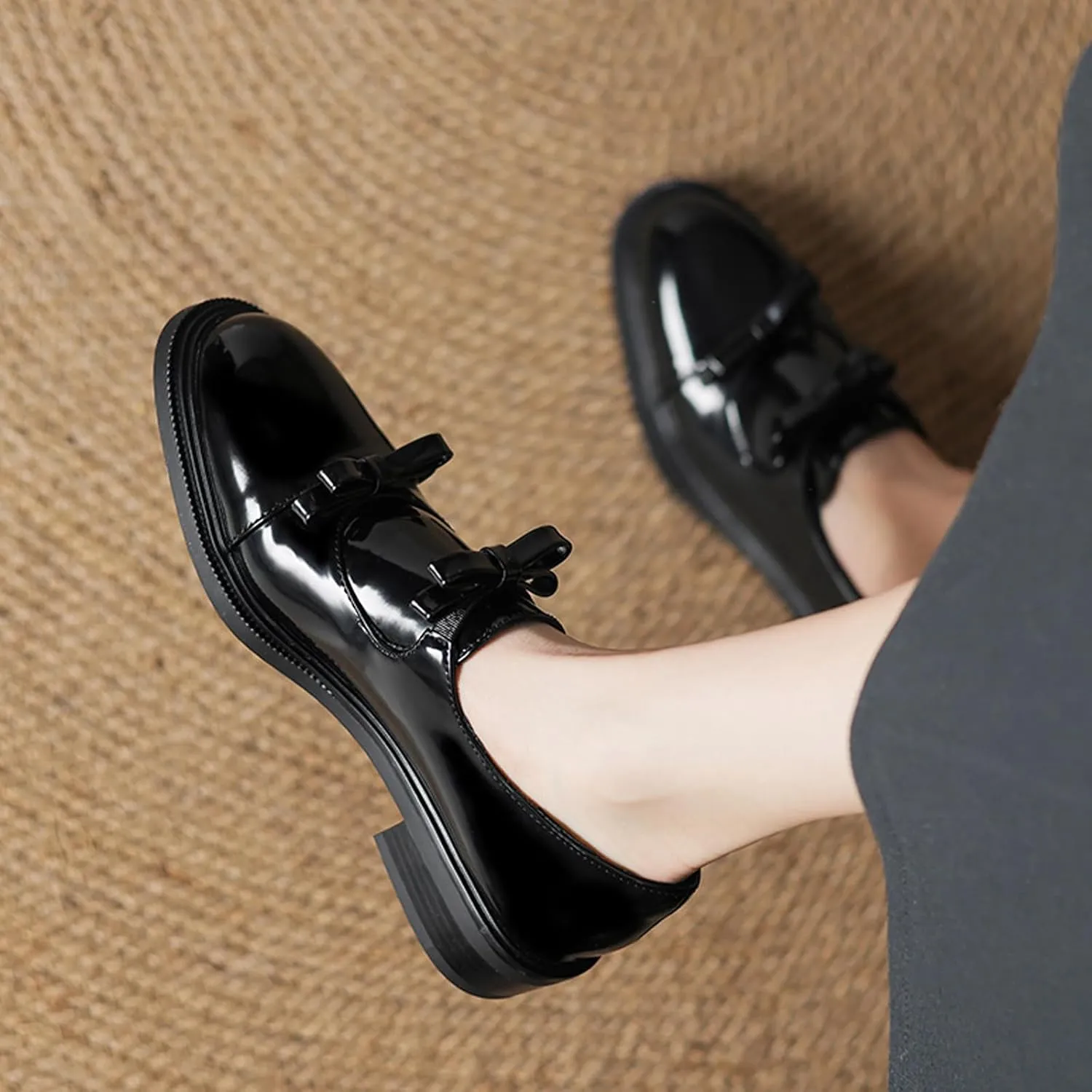 Women's Patent Leather Chunky Heel Loafers Retro Round Toe Suede Cute Double Bow Slip-On Non-Slip Evening Party Formal Shoes