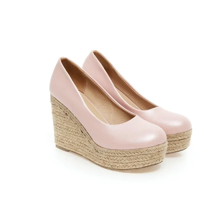 Women's Pumps Pu Leather Round Toe Woven Wedge Heel Platform Shoes