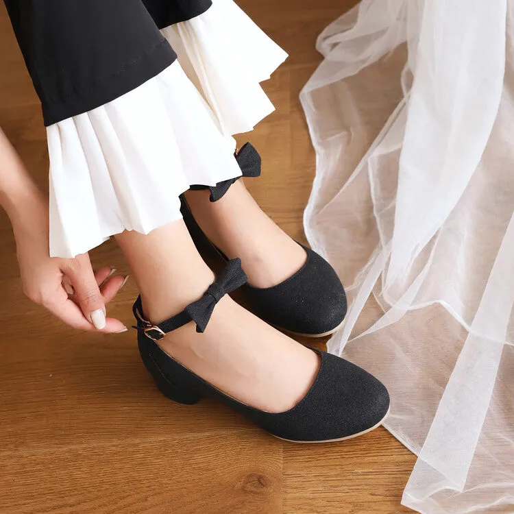 Women's Pumps Solid Color Bling Bling Butterfly Knot Ankle Strap Block Heel Shoes