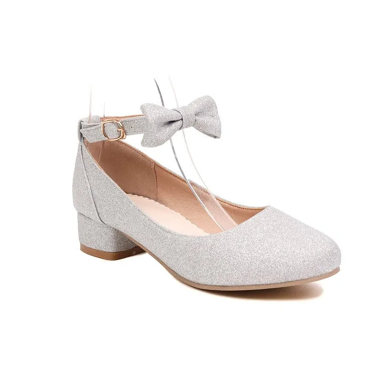 Women's Pumps Solid Color Bling Bling Butterfly Knot Ankle Strap Block Heel Shoes