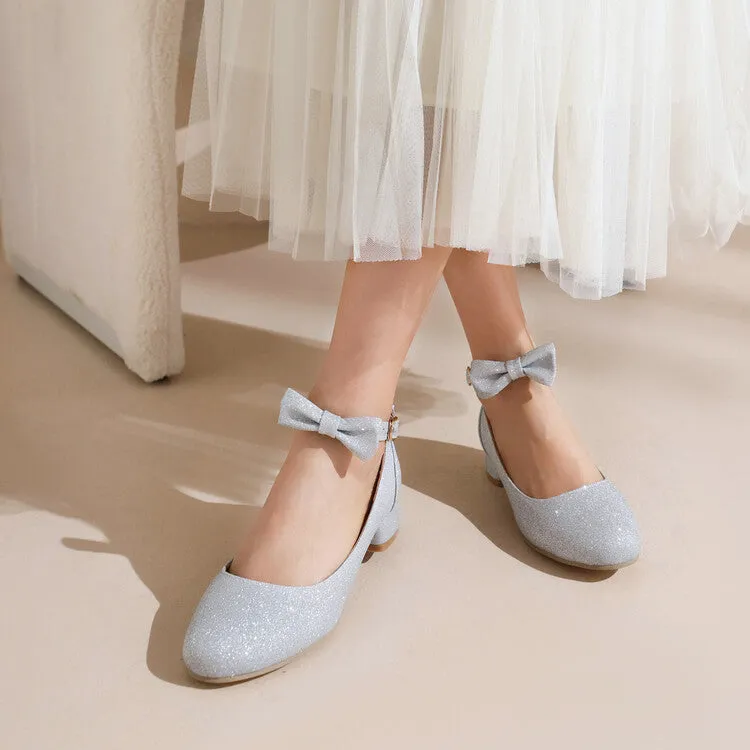Women's Pumps Solid Color Bling Bling Butterfly Knot Ankle Strap Block Heel Shoes