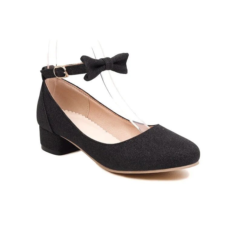 Women's Pumps Solid Color Bling Bling Butterfly Knot Ankle Strap Block Heel Shoes