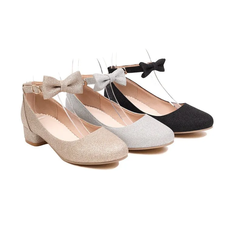 Women's Pumps Solid Color Bling Bling Butterfly Knot Ankle Strap Block Heel Shoes