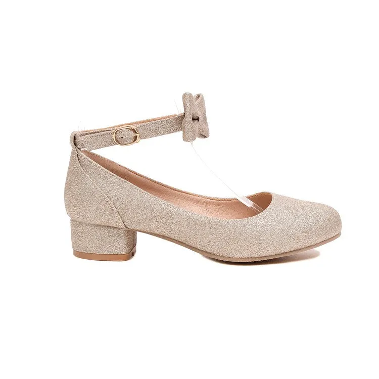 Women's Pumps Solid Color Bling Bling Butterfly Knot Ankle Strap Block Heel Shoes