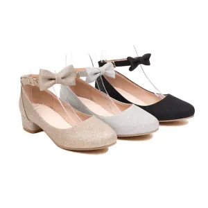 Women's Pumps Solid Color Bling Bling Butterfly Knot Ankle Strap Block Heel Shoes
