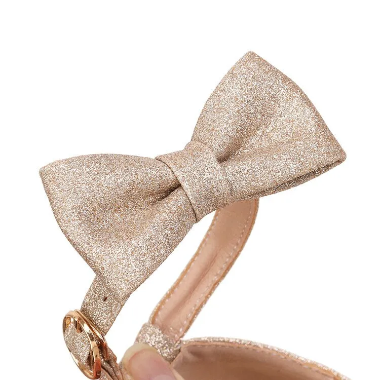 Women's Pumps Solid Color Bling Bling Butterfly Knot Ankle Strap Block Heel Shoes