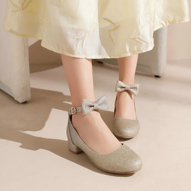 Women's Pumps Solid Color Bling Bling Butterfly Knot Ankle Strap Block Heel Shoes