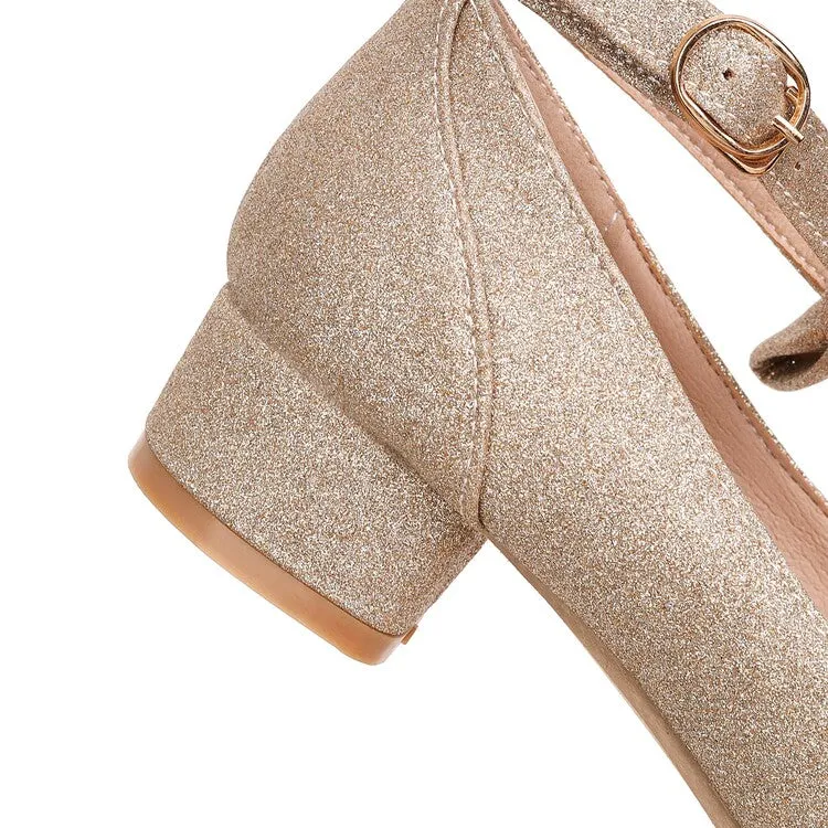Women's Pumps Solid Color Bling Bling Butterfly Knot Ankle Strap Block Heel Shoes