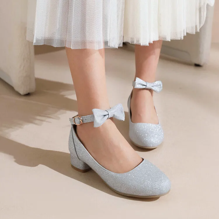 Women's Pumps Solid Color Bling Bling Butterfly Knot Ankle Strap Block Heel Shoes