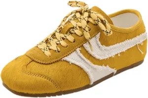 Women's Retro Cowhide Sneakers  Chunky Lace-Up Casual Shoes with Anti-Wear Sole, Vintage Round Toe Walking Trainers, Animal Print Pony Hair Mixed Material Design