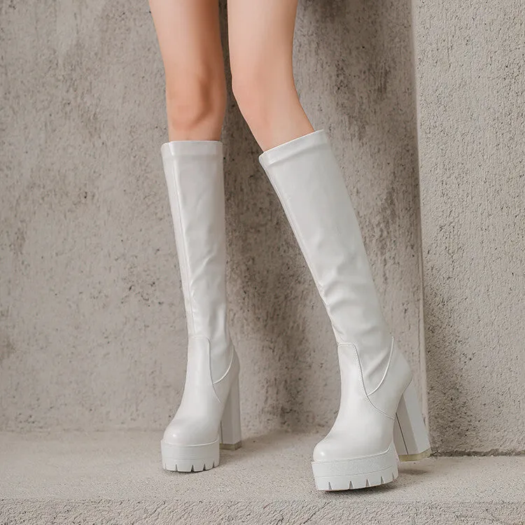 Women's Round Toe Block Heel Platform Knee High Boots